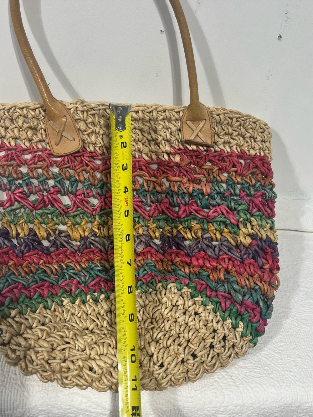 Handwoven Macrame Multicolor Straw Boho Tote Bag with Tan Leather Handles - Picture 3 of 5